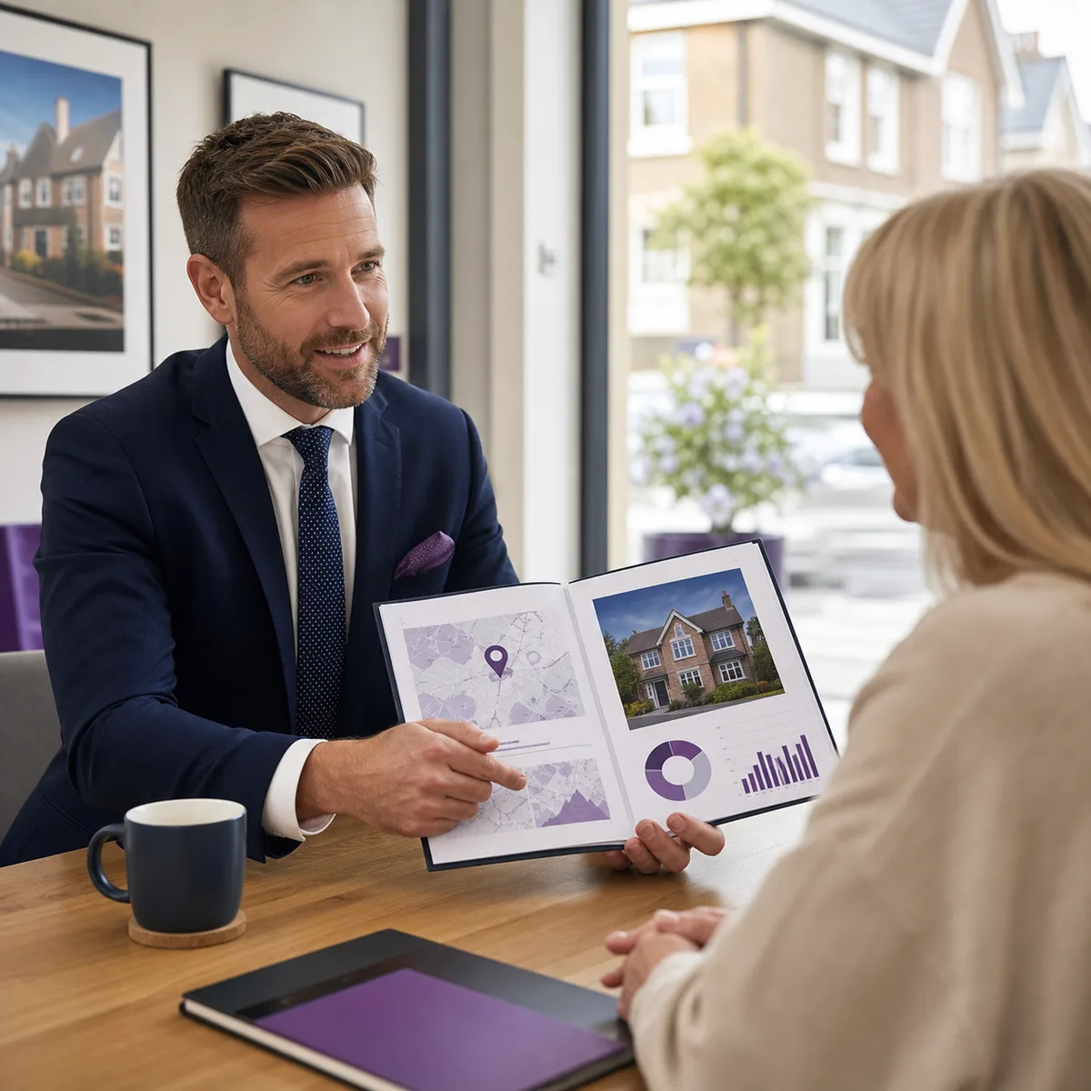 Estate agent reviewing a property data report with a homeowner