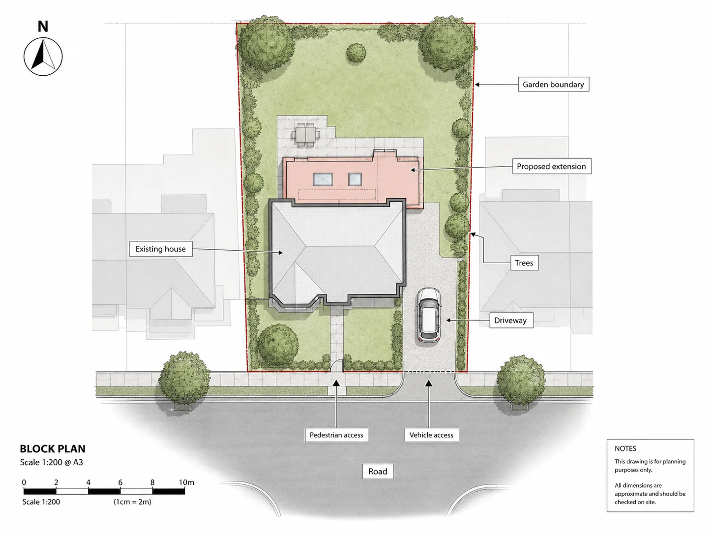 Block plan for a UK house extension with proposed layout and site features